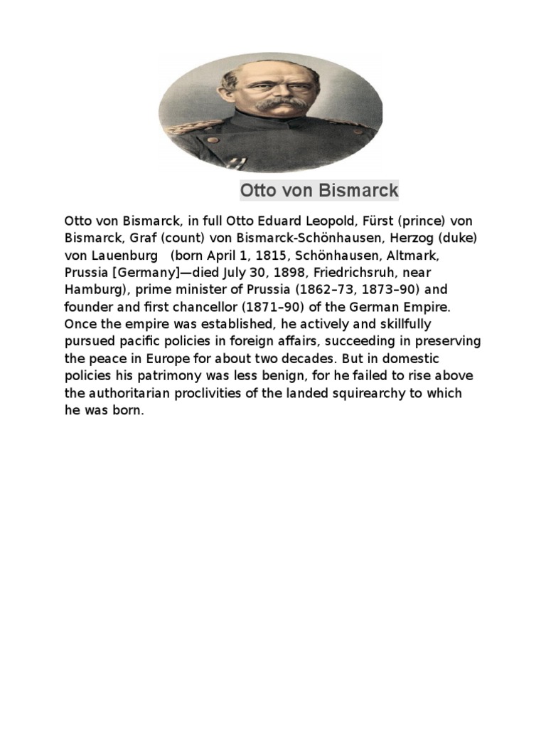Otto Von Bismarck Otto Von Bismarck German Empire Free 30day