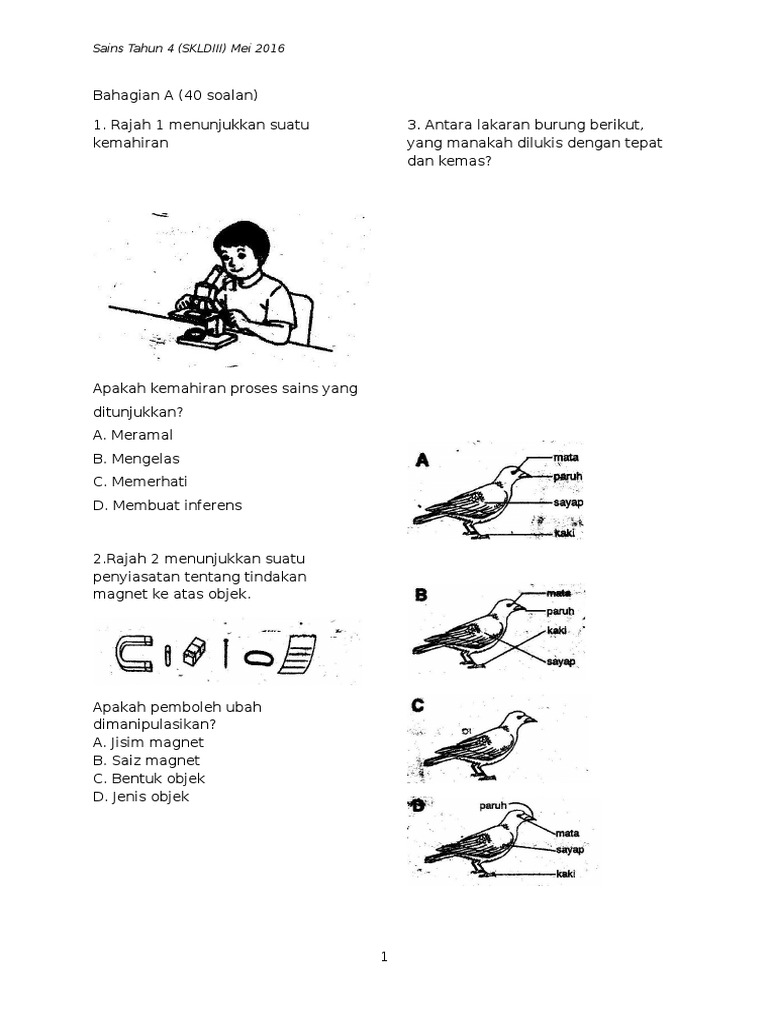 Contoh Soalan Peperiksaan Awal Tahun Sains Tahun 4