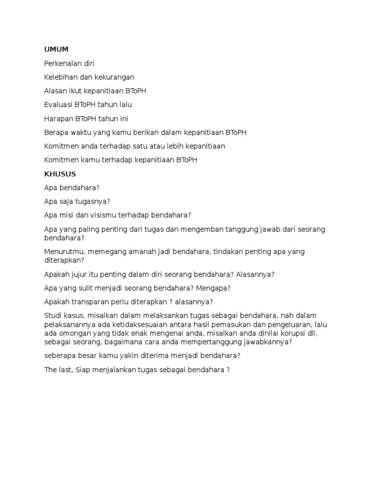 Pertanyaan Interview Bendahara
