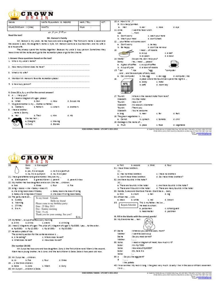 212410377 Soal Uts Bahasa Inggris Kelas 5 Semester 2 11 212410377 Soal Uts Bahasa Inggris Kelas 5 Semester 2 11