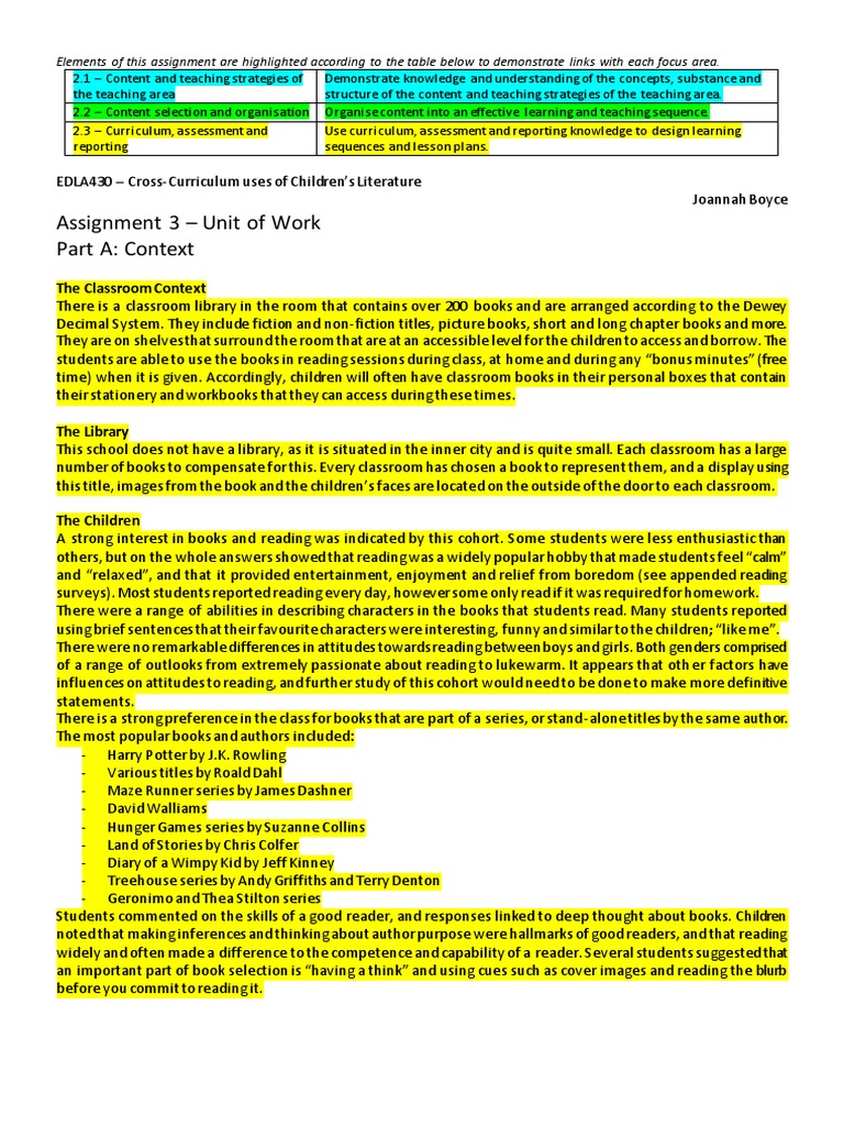 Edla430 Assignment 3 - Unit of Work | PDF | Lesson Plan | Attention