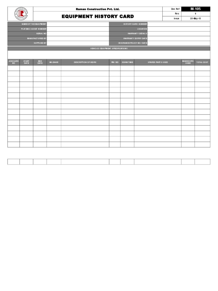 M105 Equipment History Card PDF