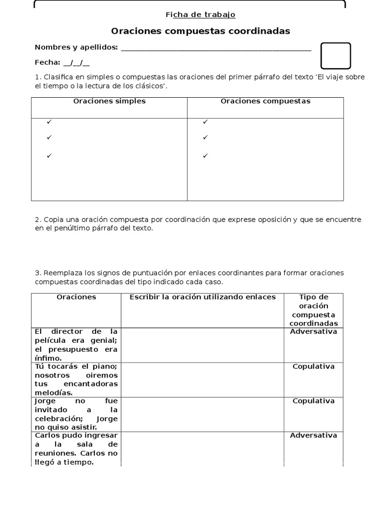 Oraciones Compuestas Coordinadas: Ejercicios | PDF | Artes del Lenguaje ...