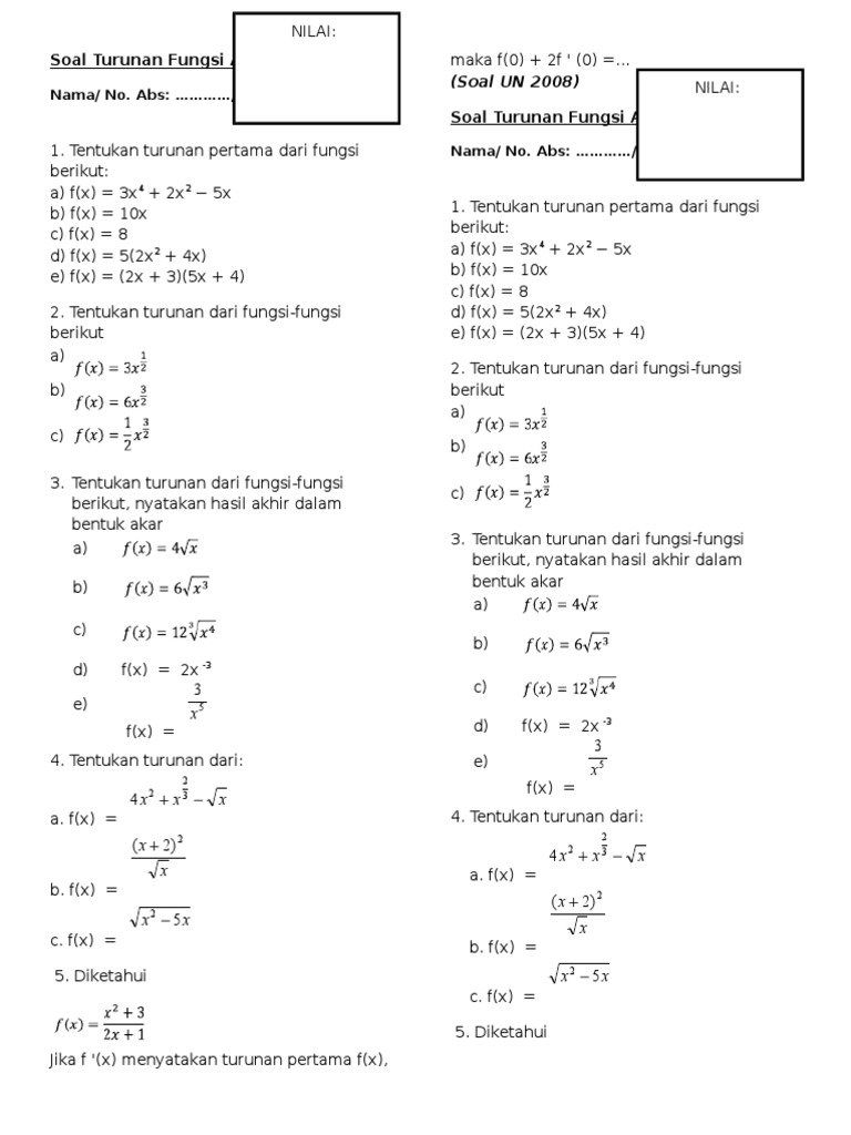 Soal Turunan Fungsi Aljabar