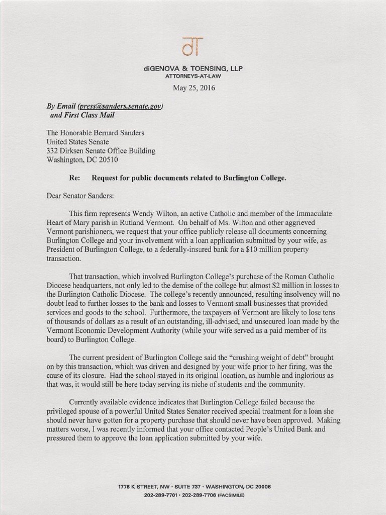 Toensing Letter To Senator Sanders Re: Burlington College Documents | PDF