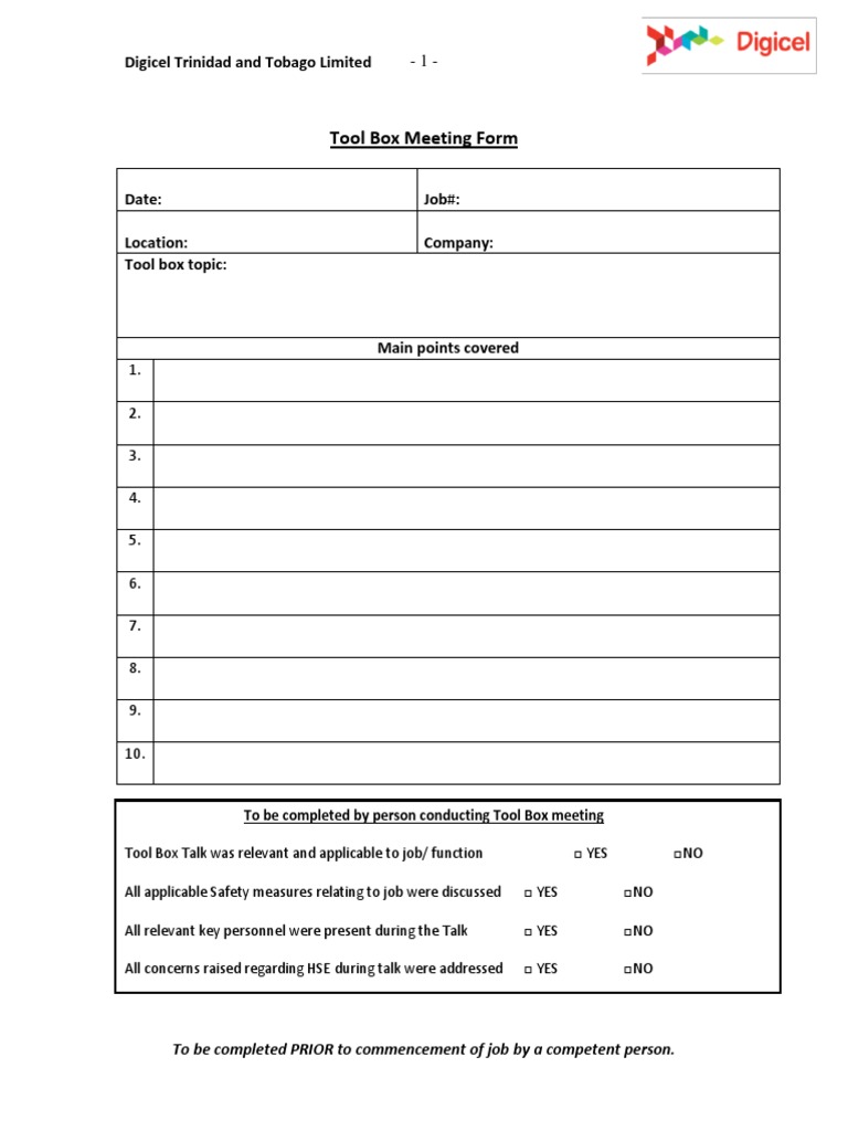 Tool Box Meeting Form PDF
