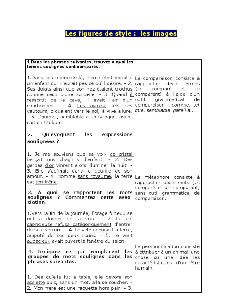 Les Figures De Style Exercices Corrigés 4ème Pdf 4° Exercices Figures de Style | PDF | Les Fleurs du mal | Techniques de  rhétorique