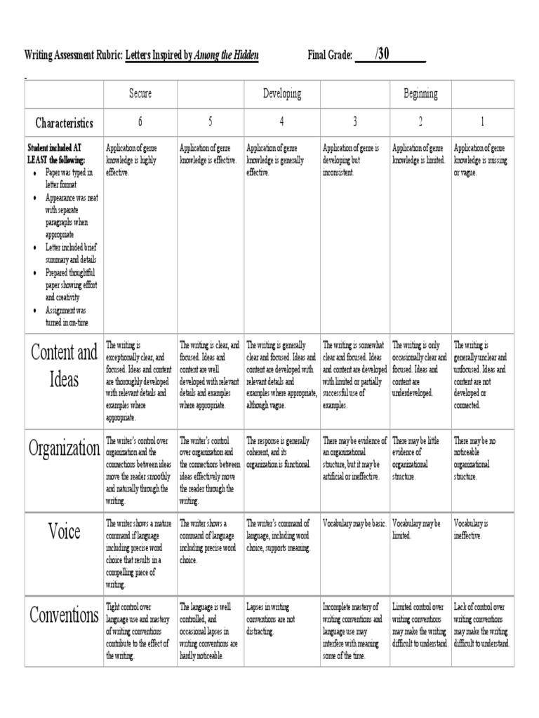Letter Rubric | PDF | Vocabulary | Cognition