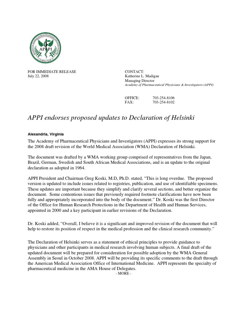 APPI Endorses Helsinki Updates | PDF | Medicine | Health Care