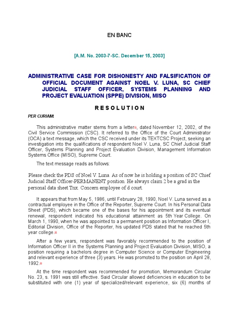 Administrative Case for Dishonesty and Falsification of Bachelor's