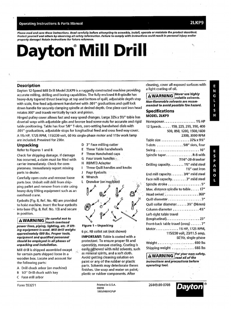 BSU Mill Drill Dayton 2LKP9 Rong Fu RF31 Owner's Manual PDF