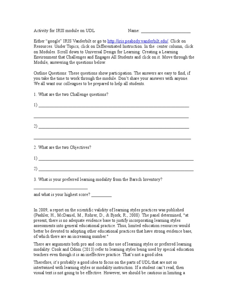 Activity for iris module on udl pdf learning styles