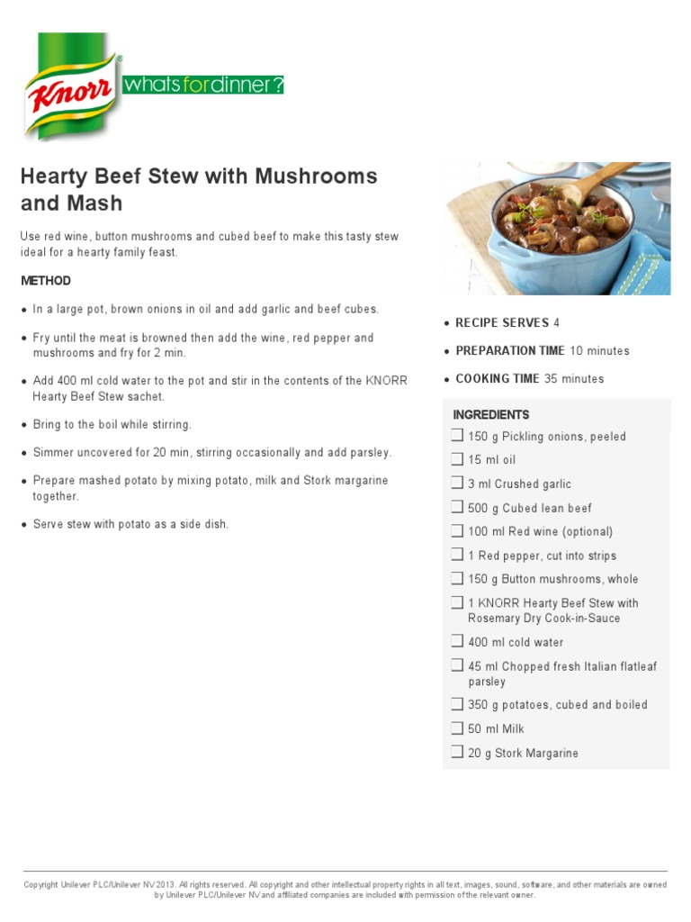 Hearty Beef Stew with Mushrooms Recipe | PDF