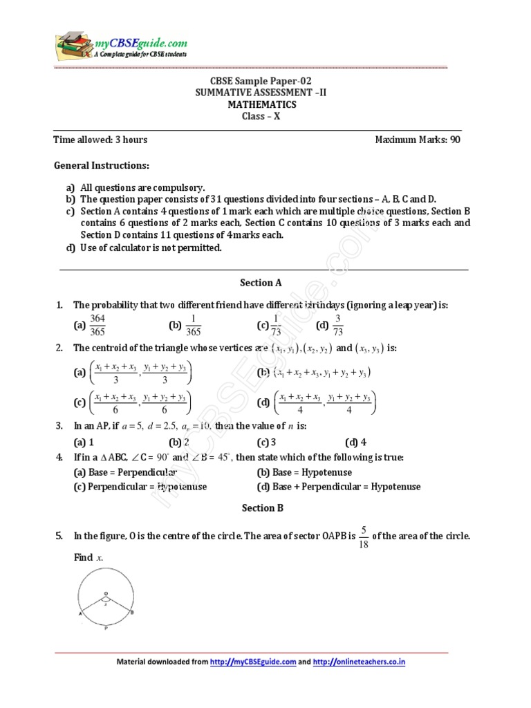 2016 10 Mathematics Sample Paper Sa2 02 | PDF | Circle | Triangle