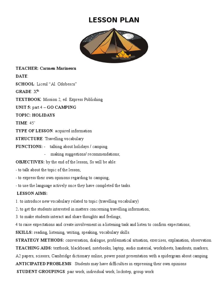 Go camping lesson plan camping lesson plan