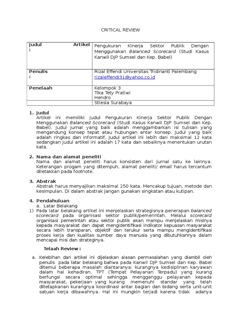 Critical Review Pengukuran Kinerja Sektor Publik Dengan Menggunakan Balanced Scorecard Studi Kasus Kanwil Djp Sumsel Dan Kep Babel Pdf