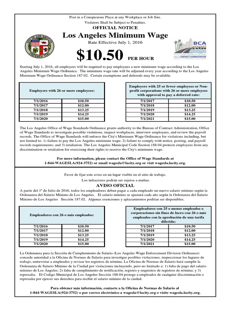 Los Angeles City Minimum Wage Notice PDF Salary Factor