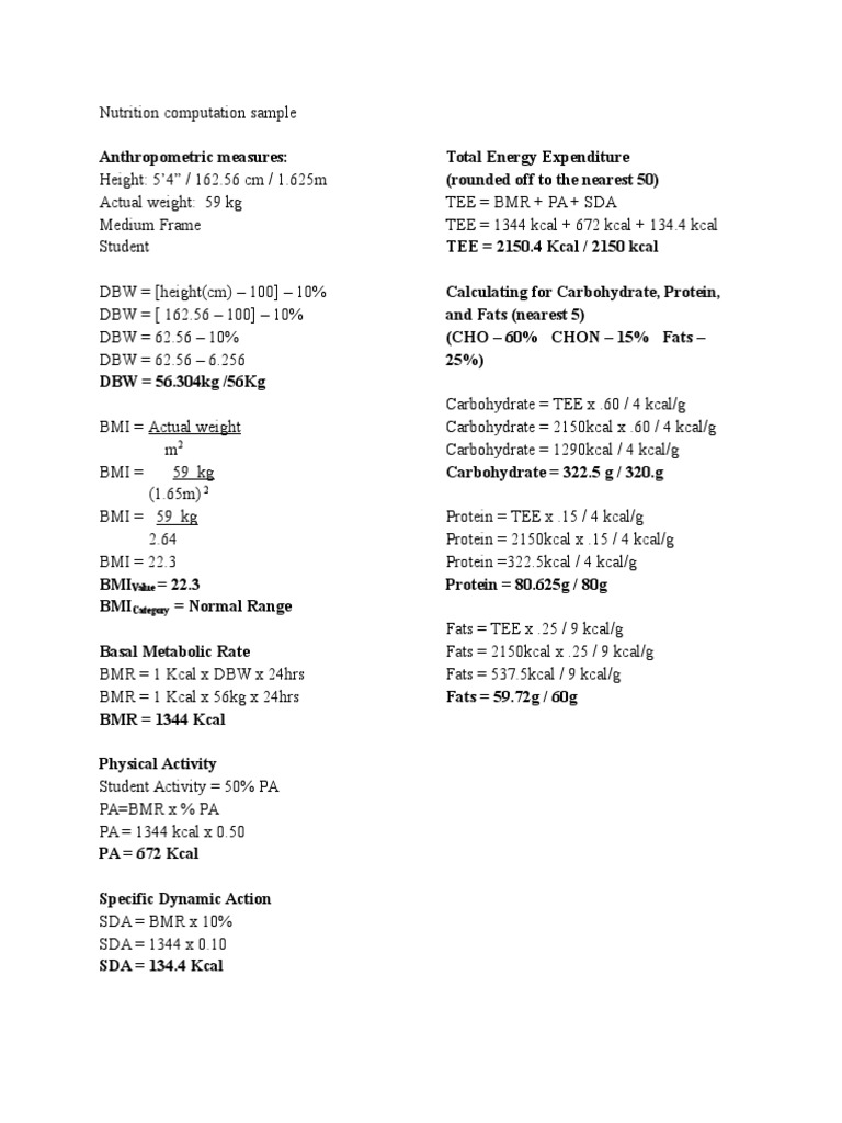 Nutrition Computation for Students | PDF