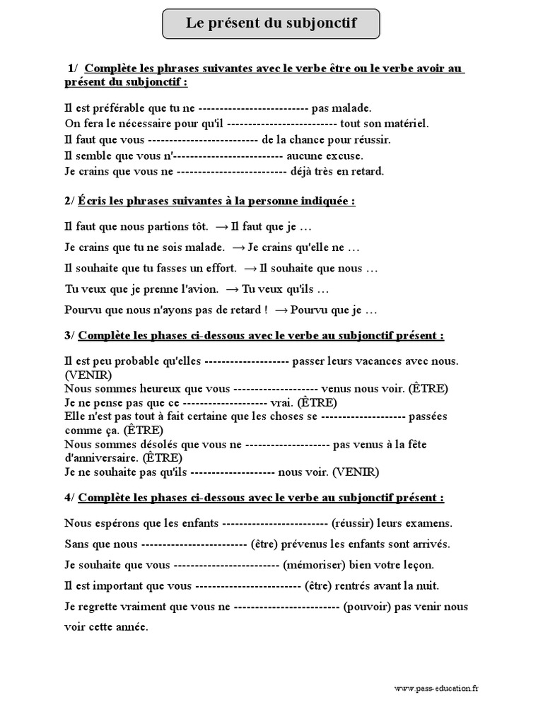 Le Subjonctif Présent Exercices Corrigés 4ème Pdf