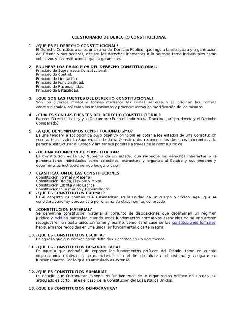 Cuestionario de Derecho Constitucional | PDF | Constitución | Elecciones