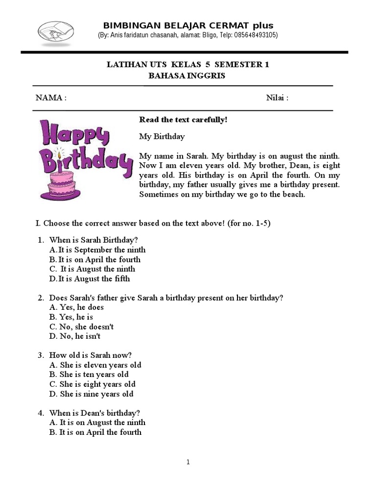 Soal Uts Kelas 5 Smtr 1 Bahasa Inggris
