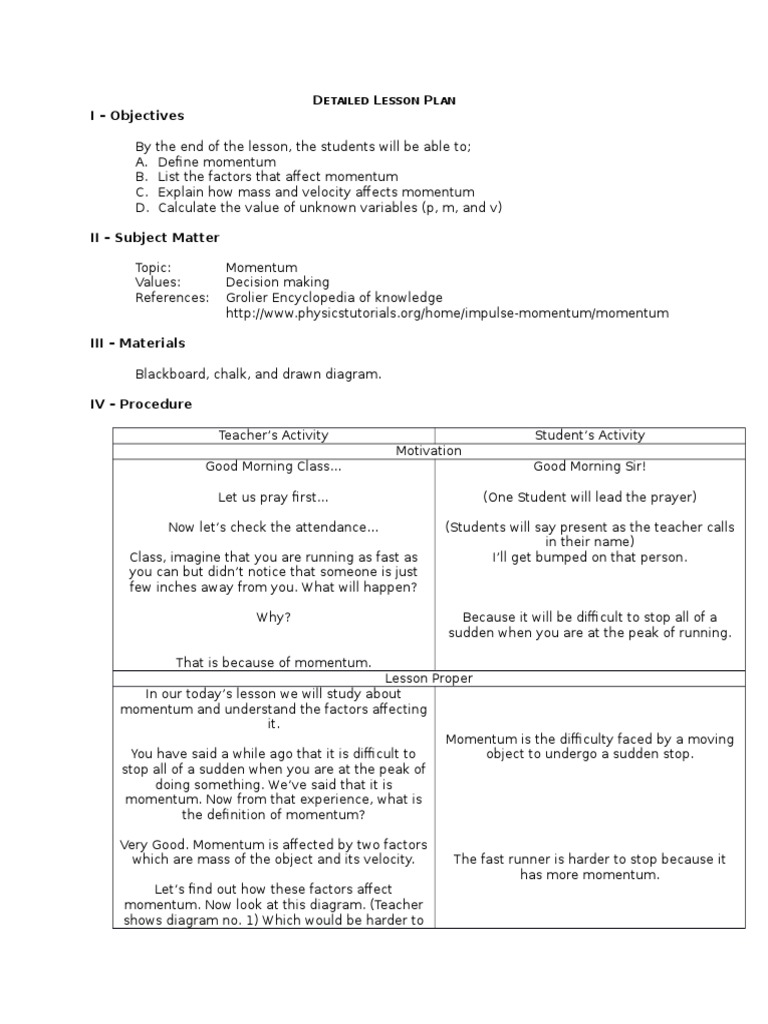 Detailed Lesson Plan In Physics PDF Momentum Mass