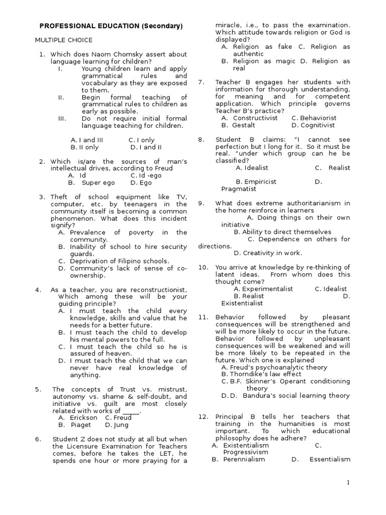Secondary Education Multiple Choice Quiz | PDF | Test (Assessment ...