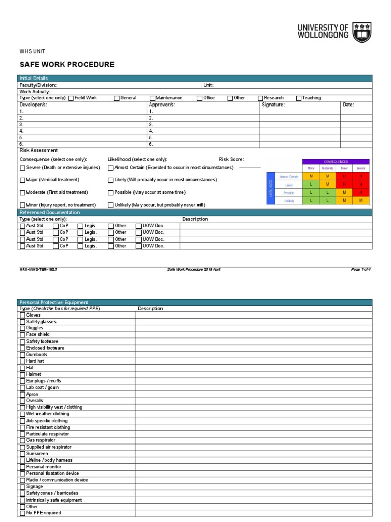 Safe Work Procedure: Whs Unit | PDF | Self-Improvement | Science ...