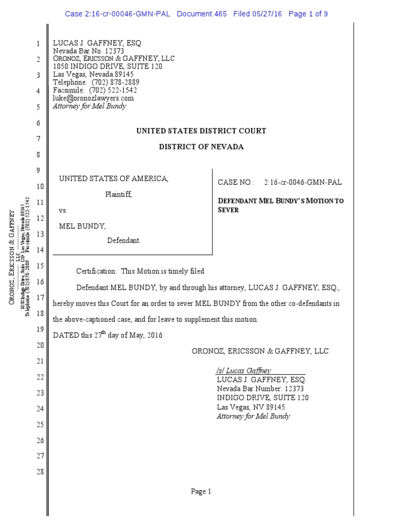 05272016 ECF 465 USA v MEL BUNDY Mel Bundy Motion to Sever Sixth