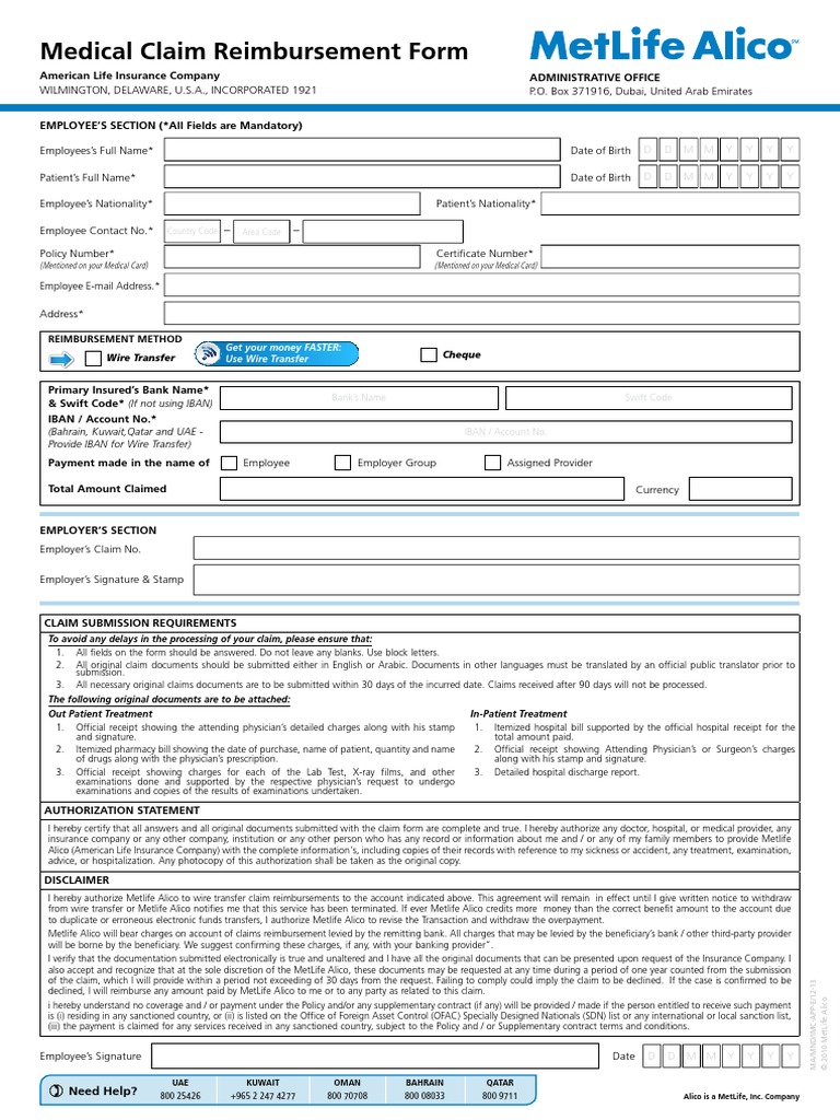 Medical Claim Reimbursement Form English PDF Wire Transfer Met Life