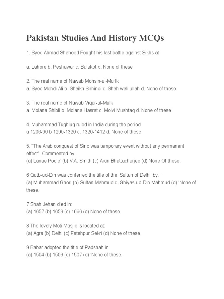 Pakistan Studies MCQs for History Exam | PDF | History