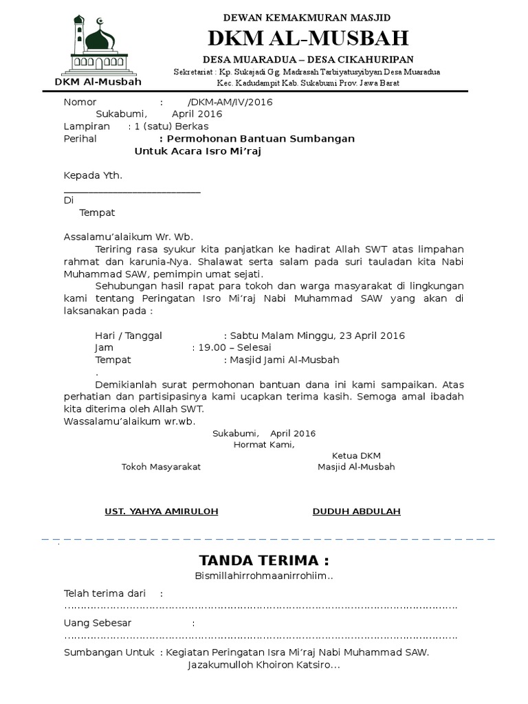 Surat Permohonan Bantuan Dana Kegiatan Isra Miraj