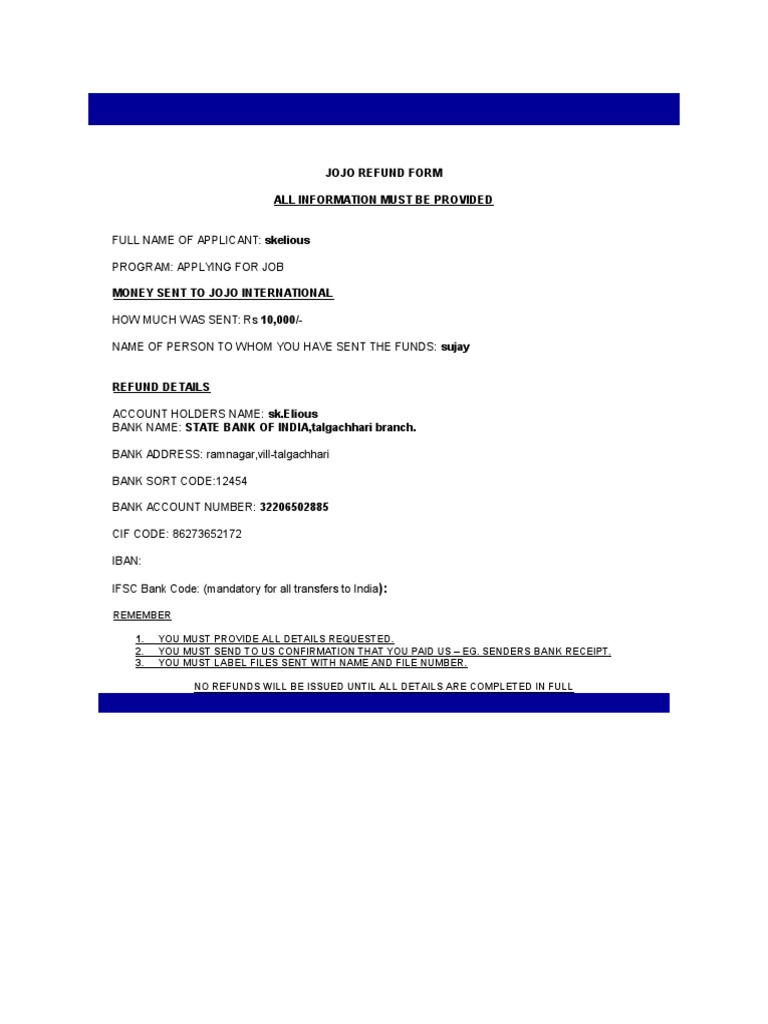Sample Refund Form