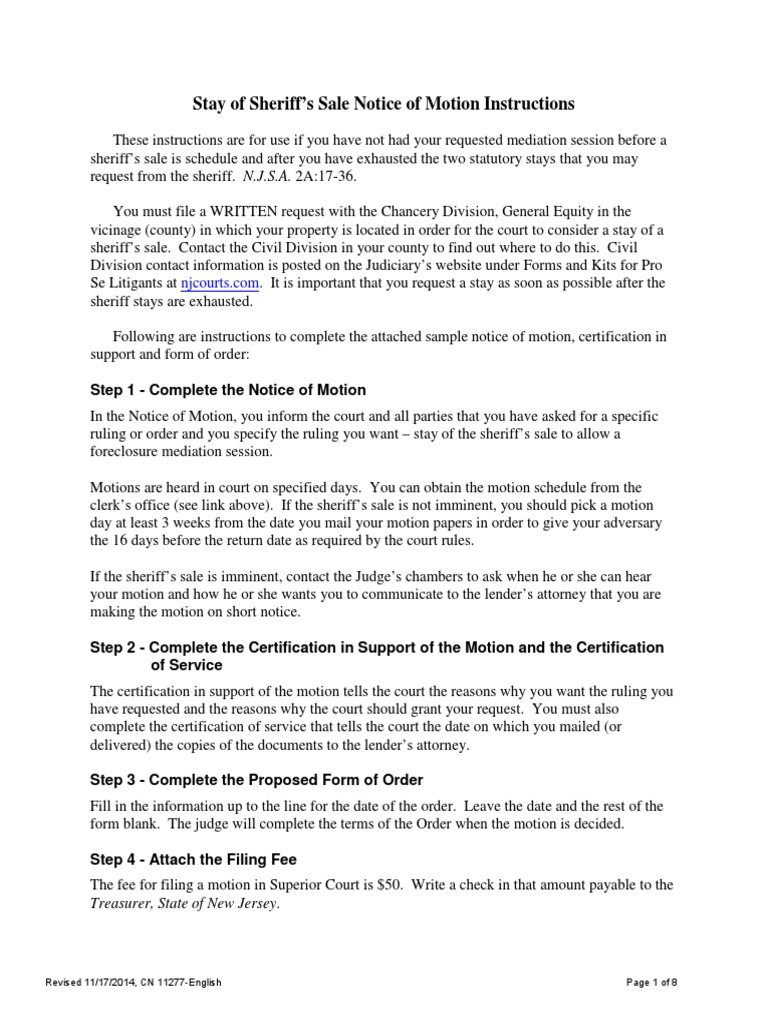 NJ Motion To Stay Sale PDF Foreclosure Mortgage Law