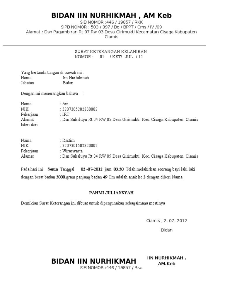 Surat Keterangan Lahir Bidan Pdf