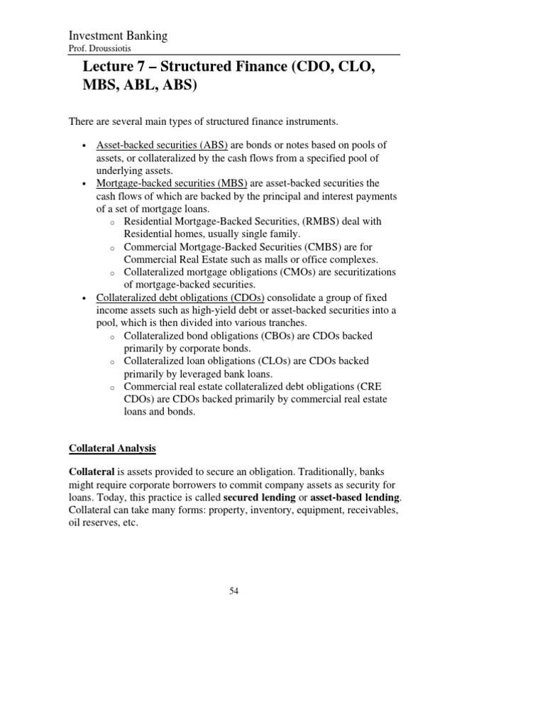 Lecture 7 Structured Finance (CDO, CLO, MBS, Abl, Abs) Investment