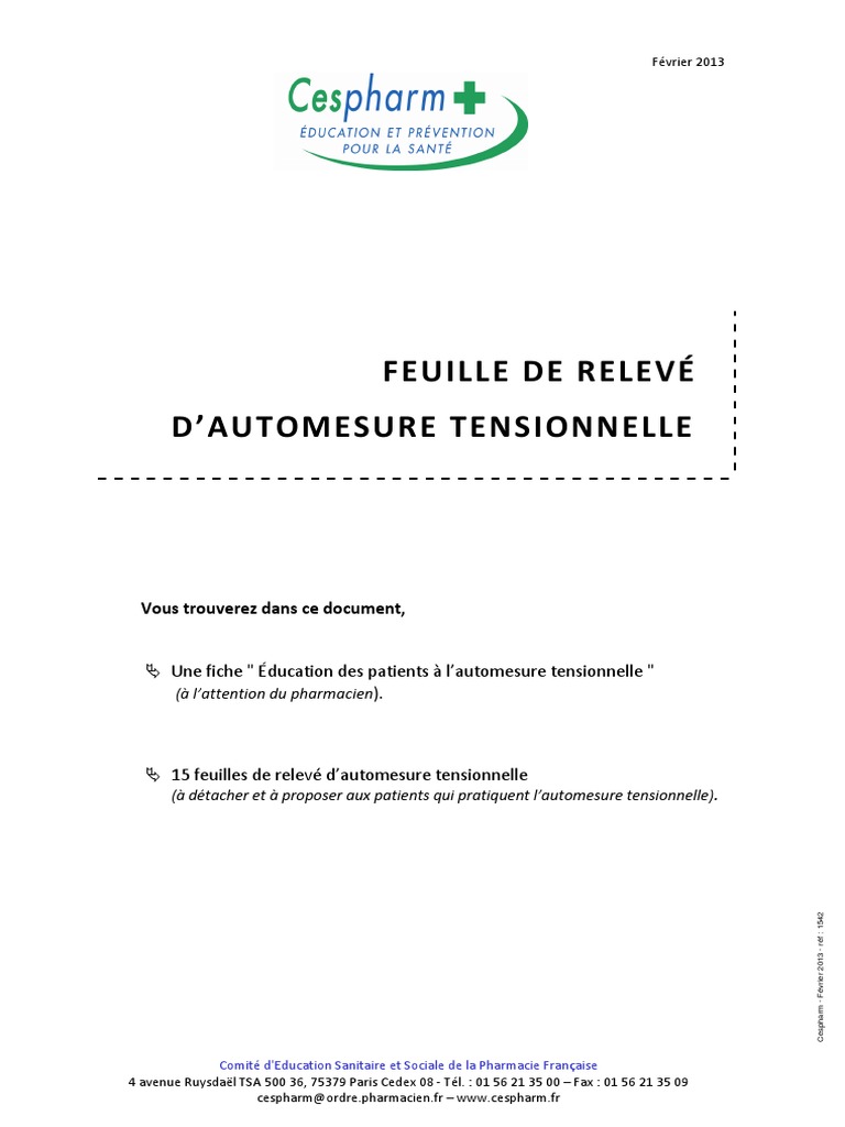 Automesure Tensionnelle Feuille De Tension à Imprimer