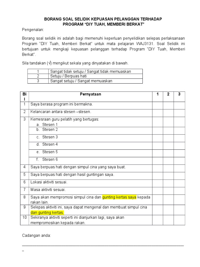 Borang Soal Selidik Kepuasan Pelanggan Terhadap Pdf