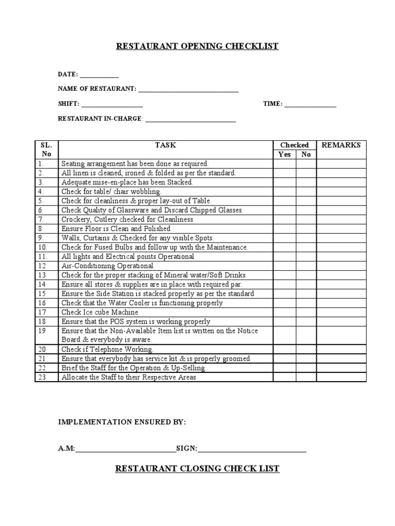 Restaurant Opening & Closing Checklist  Tableware 