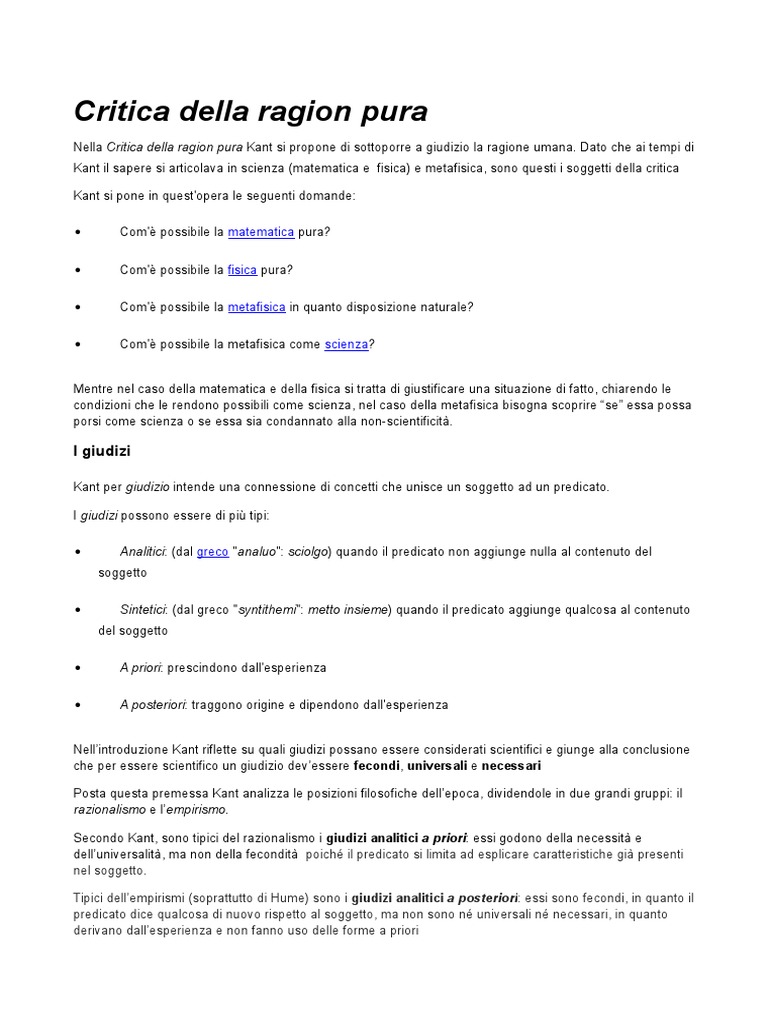 Critica Alla Ragion Pura Riassunto