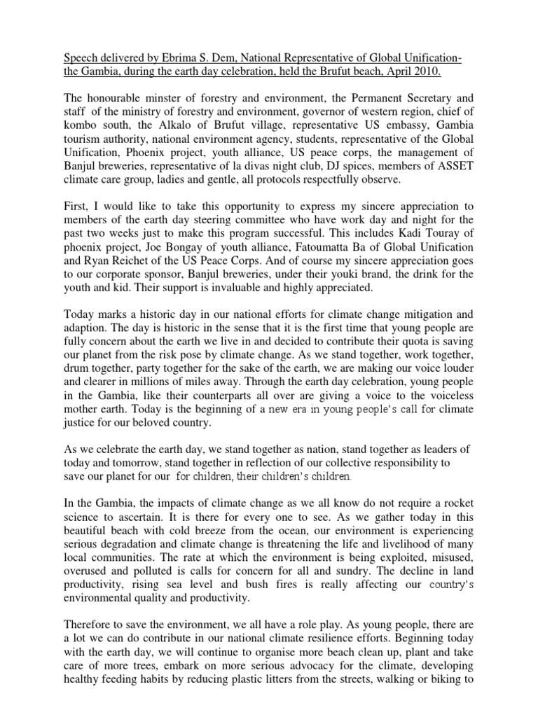 My Speech At Earth Day 2010 The Gambia Ecological Resilience Natural Environment