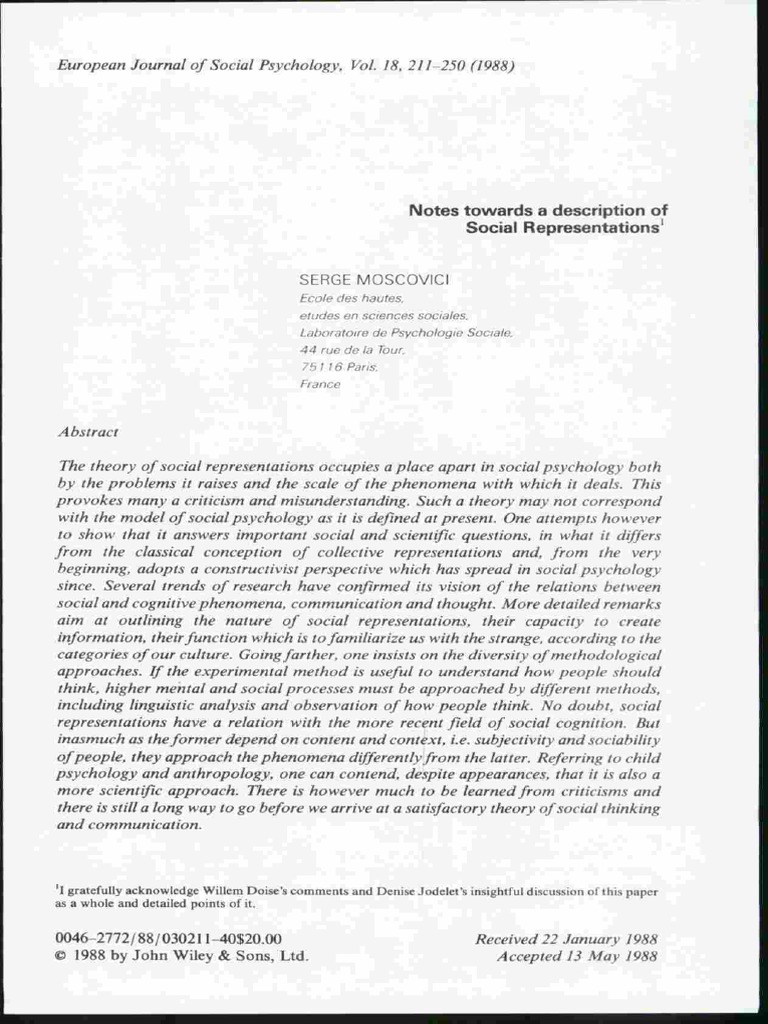 MOSCOVICI, S. Notes Towards A Description of Social Representations | PDF