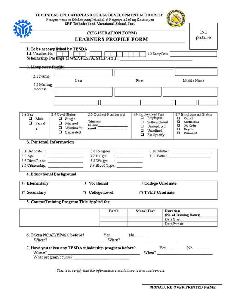 TESDA Learners Profile Registration Form | PDF