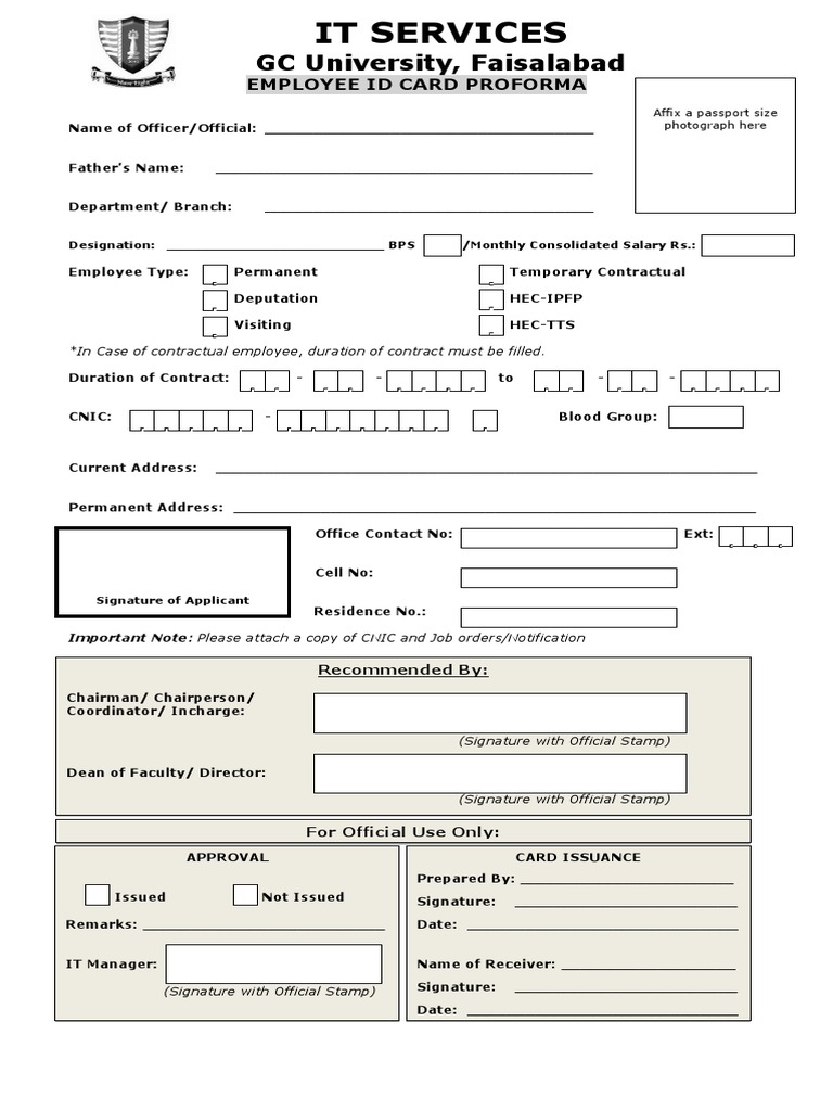 ID Card Proforma for Employees Identity Document Applications Of