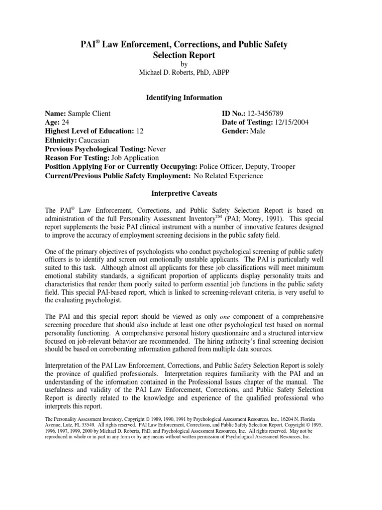 Law Enforcement, Corrections, And Public Safety Psychological Testing