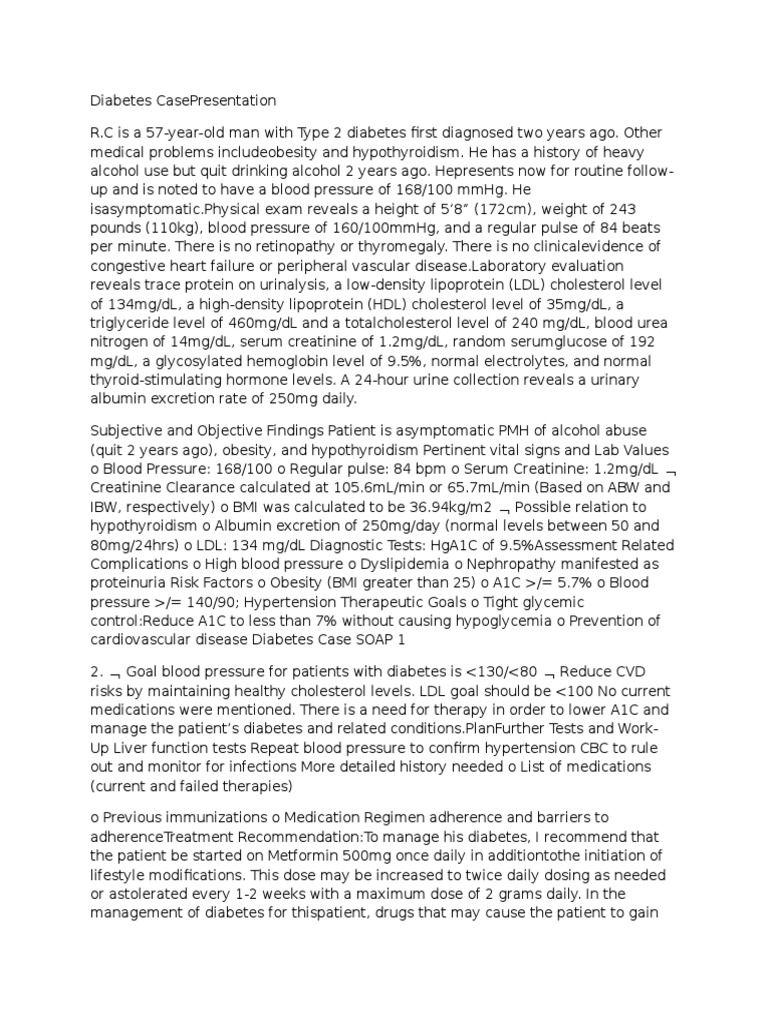 Diabetes Case Presentation Soap Note Hypertension Diabetes Mellitus