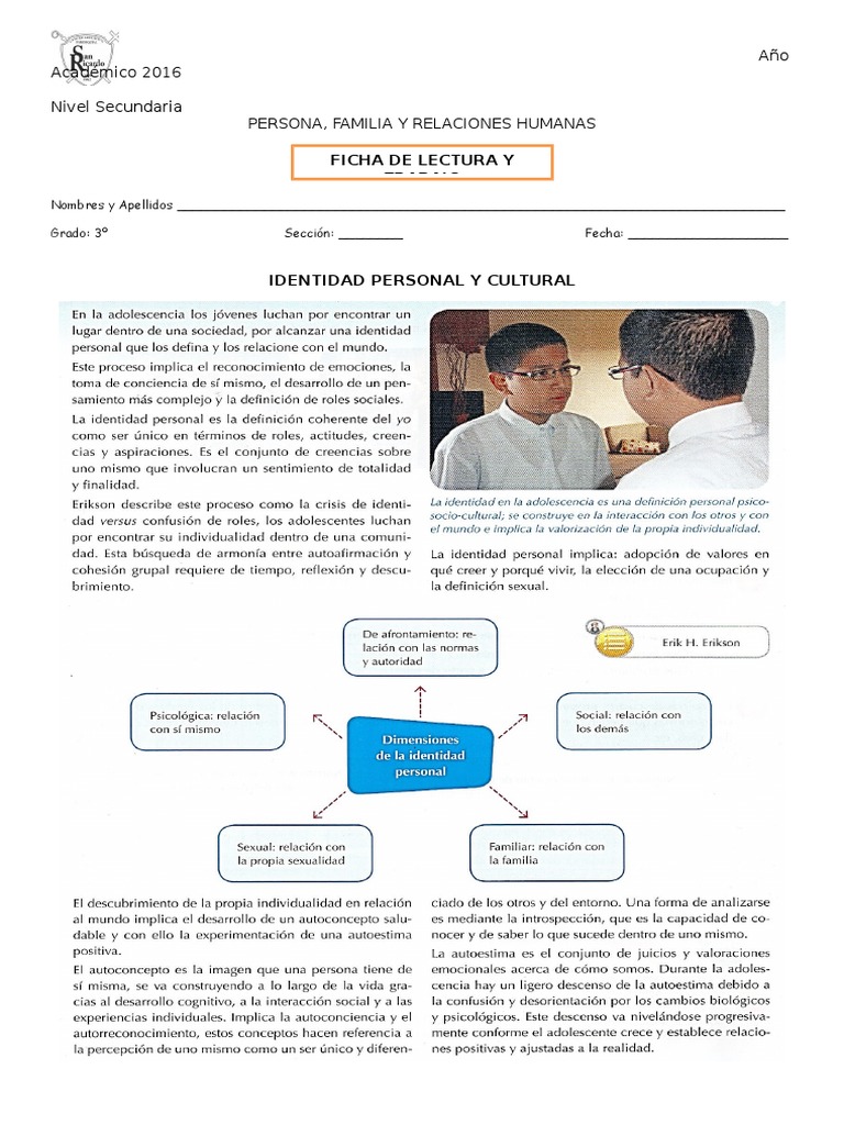 Fichas De Identidad Para Adolescentes FICHA 1. IDENTIDAD PERSONAL Y
