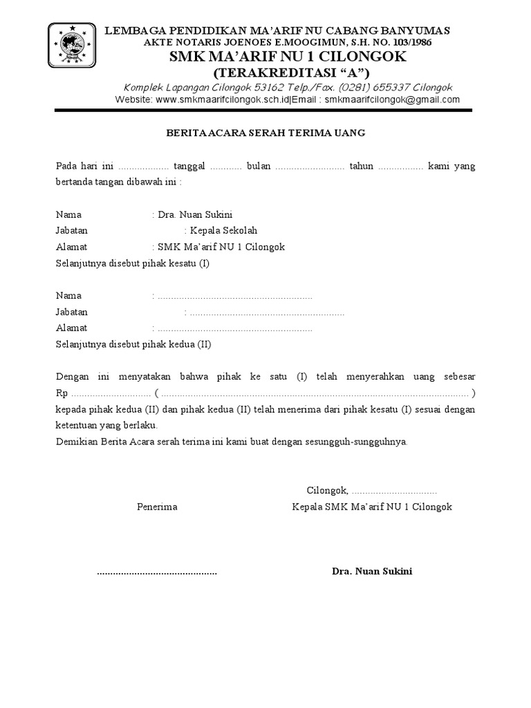 Berita Acara Serah Terima Uang