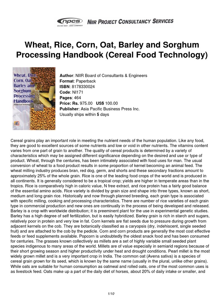 Niir Wheat Rice Corn Oat Barley Processing Handbook Cereal Food Technology PDF