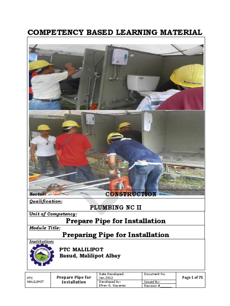 Competency Based Learning Material | PDF | Plumbing | Pipe (Fluid ...